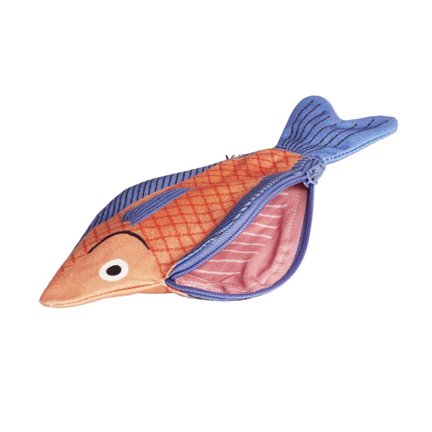 Fish-shaped toy with orange body and blue fins on a white background