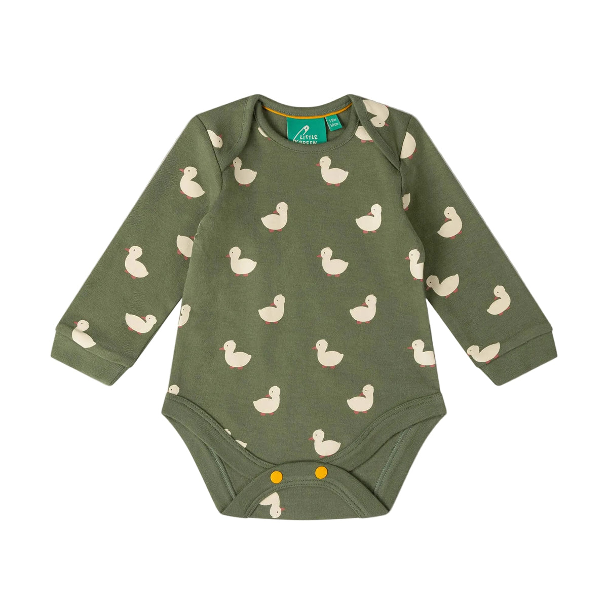 An olive green long-sleeve baby bodysuit with a repeating duck print, featuring three yellow snap buttons at the crotch, laid flat on a light pink background.