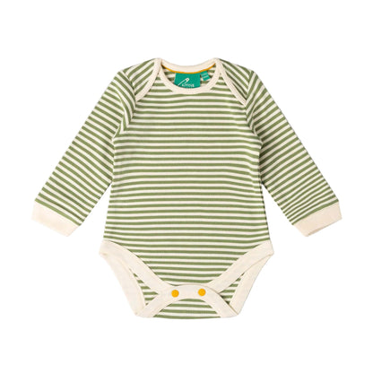 A baby long-sleeve bodysuit with horizontal sage green and cream stripes, featuring a green neck label with 'Kings' printed on it, laid flat against a pale pink background.