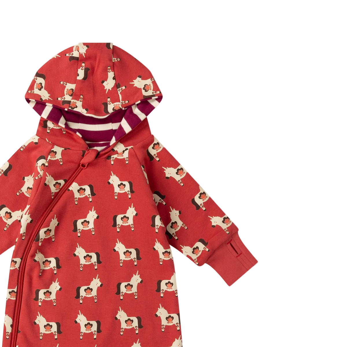 A red hooded zip-up baby romper featuring an all-over print of cartoon ponies, shown against a solid pale pink background.
