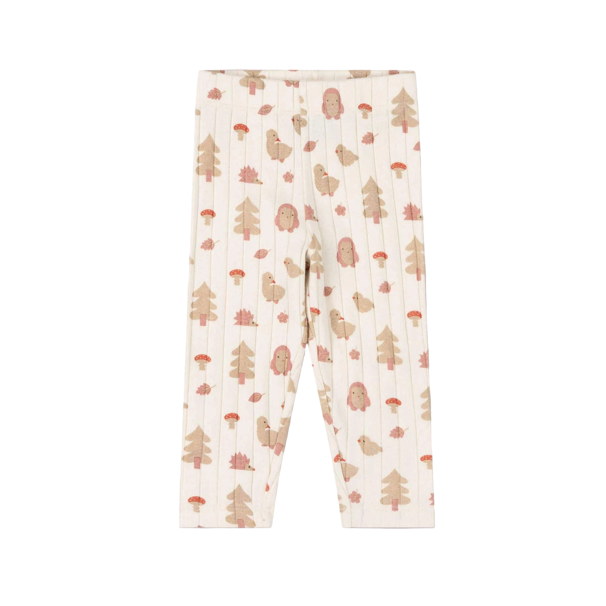 A pair of children's ribbed leggings in cream with a woodland print of pine trees, acorns, and birds in muted brown and dusty pink tones, shown flat against a pale pink background.