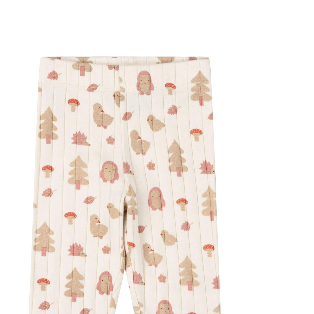 A pair of children's leggings with a vertical ribbed texture, featuring a whimsical woodland print of pine trees, mushrooms, and cute pink-haired cartoon characters on an off-white background.