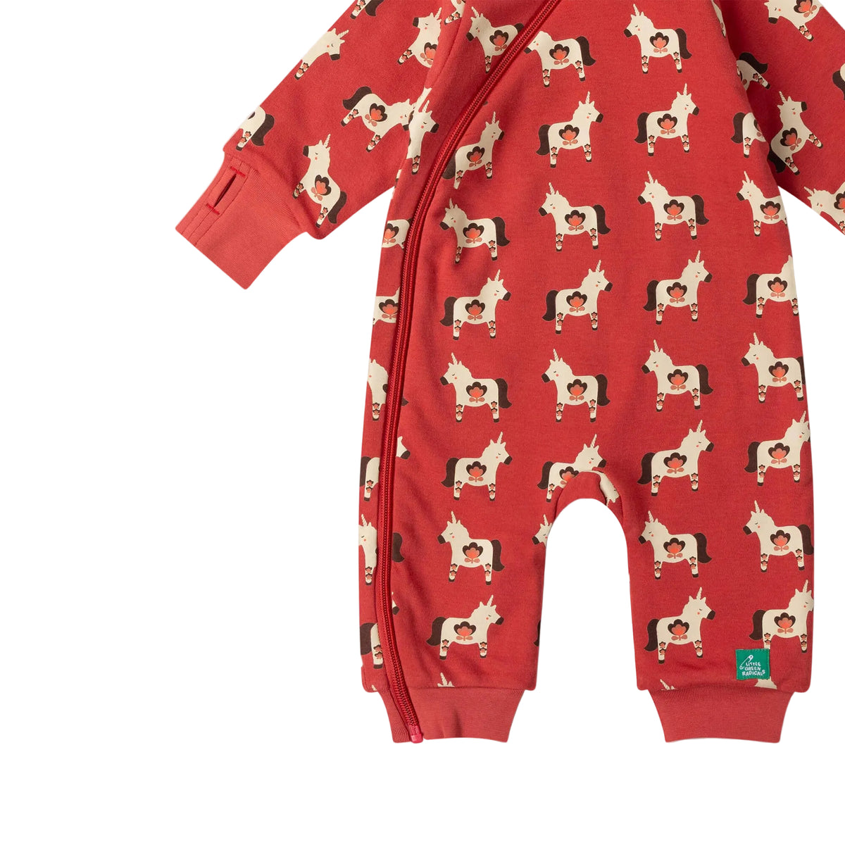 A red long-sleeve baby romper with a front zipper and an all-over print of cartoon horses, shown on a light pink background.