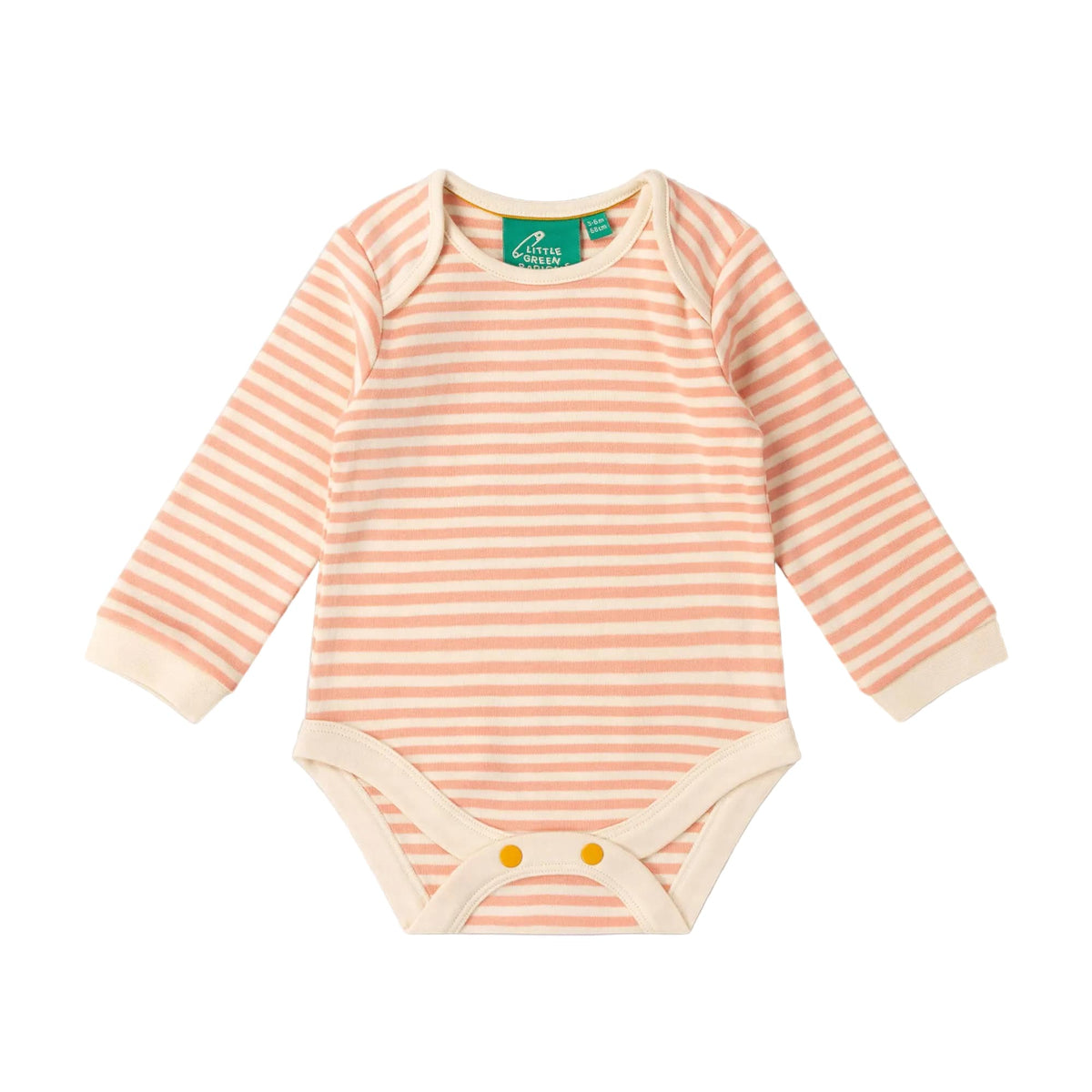 A long-sleeve baby bodysuit with horizontal peach and cream stripes, featuring a green 'Bouclier' brand label at the collar and snap closures at the crotch, laid flat on a light pink background.