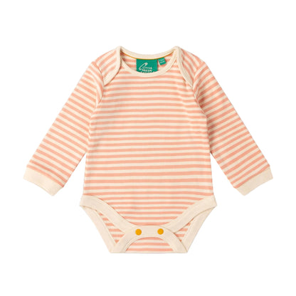 A long-sleeve baby bodysuit with horizontal peach and cream stripes, featuring a green 'Bouclier' brand label at the collar and snap closures at the crotch, laid flat on a light pink background.