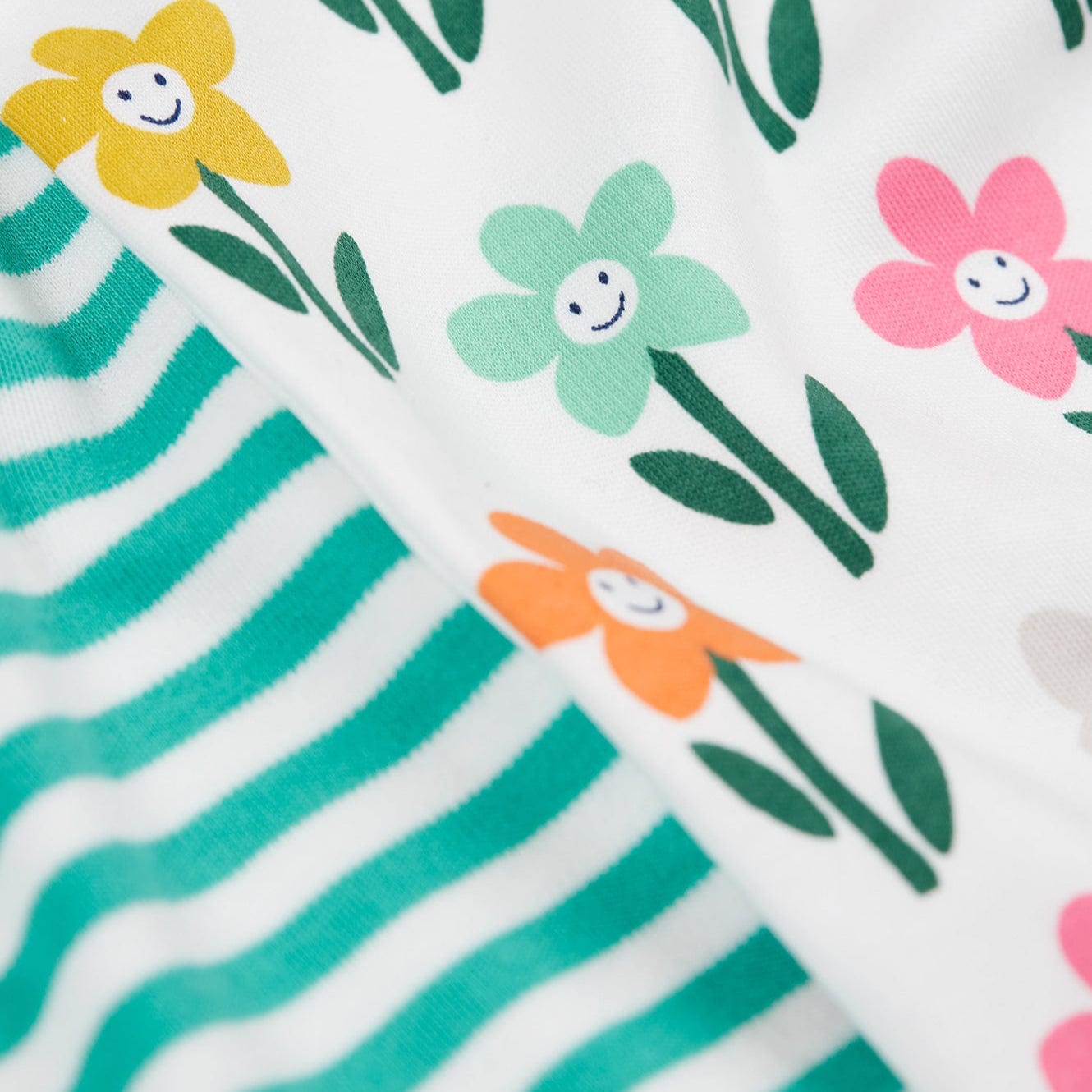 Floral pattern with smiley faces on a white background