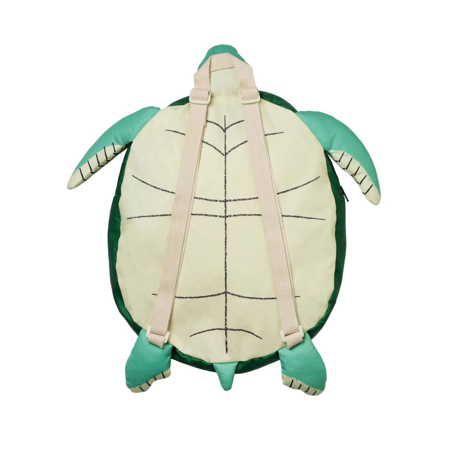 A plush turtle-shaped backpack shown from the back, featuring a cream-colored stitched shell, dark green border, mint green flippers and feet, and light beige shoulder straps, photographed on a light gray background.
