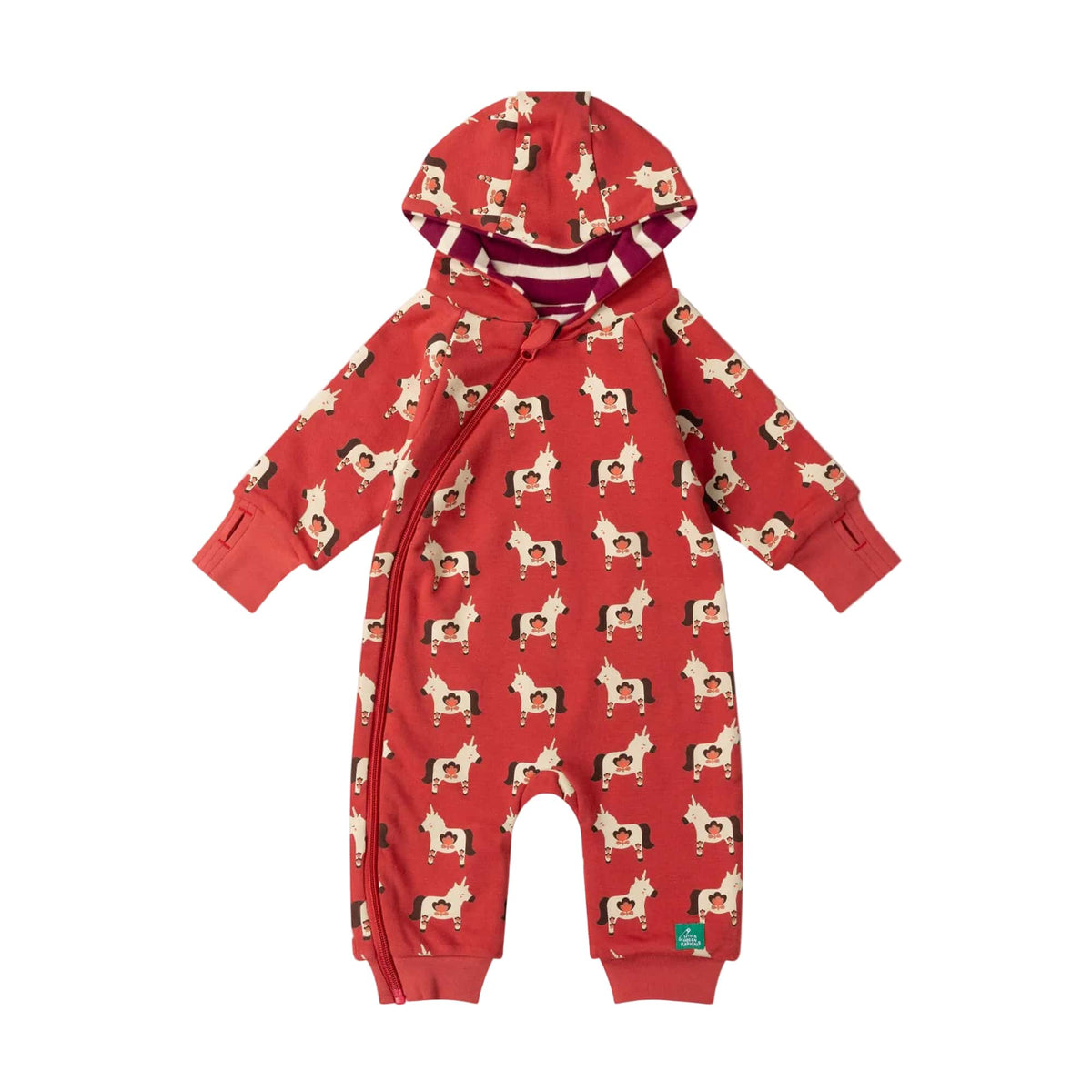 A baby hooded one-piece romper in red with an all-over cream and black horse print, shown flat against a light pink background.