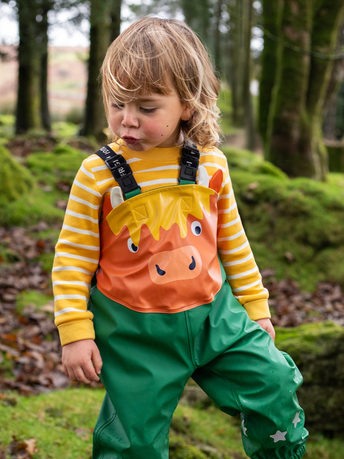 Frugi Character Puddle Buster Trousers Holly Green/Cow